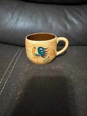 Stoneware Rooster Mug in Tan with Teal Accent